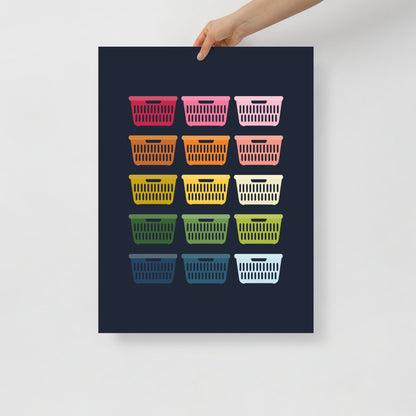Colorful Laundry Baskets Art Print with Navy Blue Background