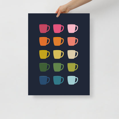 Colorful Coffee Mugs Art Print with Navy Blue Background