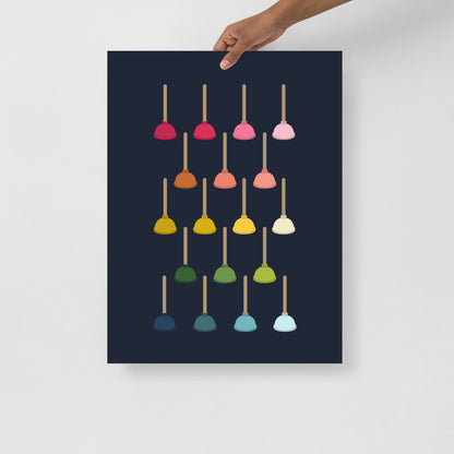Colorful Plungers Art Print with Navy Blue Background