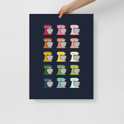 Colorful Stand Mixers Art Print with Navy Blue Background