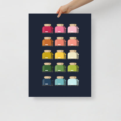 Colorful Toasters Art Print with Navy Blue Background