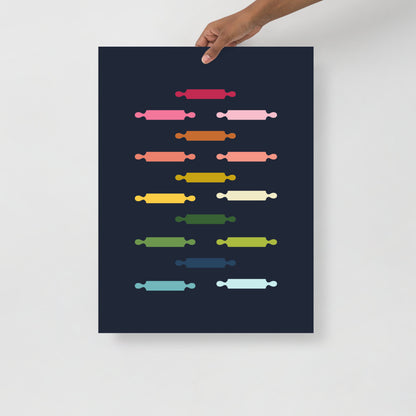 Colorful Rolling Pins Art Print with Navy Blue Background