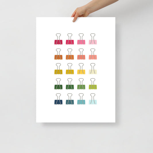 Colorful Binder Clips Art Print with White Background
