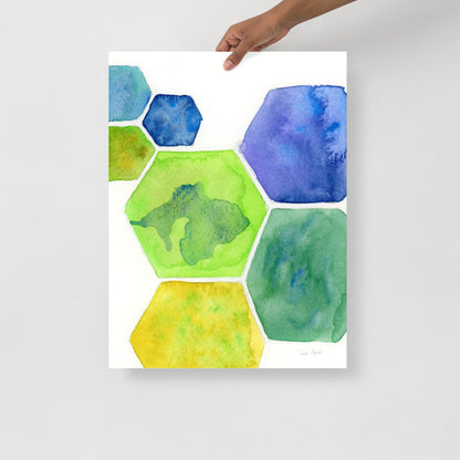 Abstract Hexagons Watercolor Art Print in Blues, Greens and Yellows