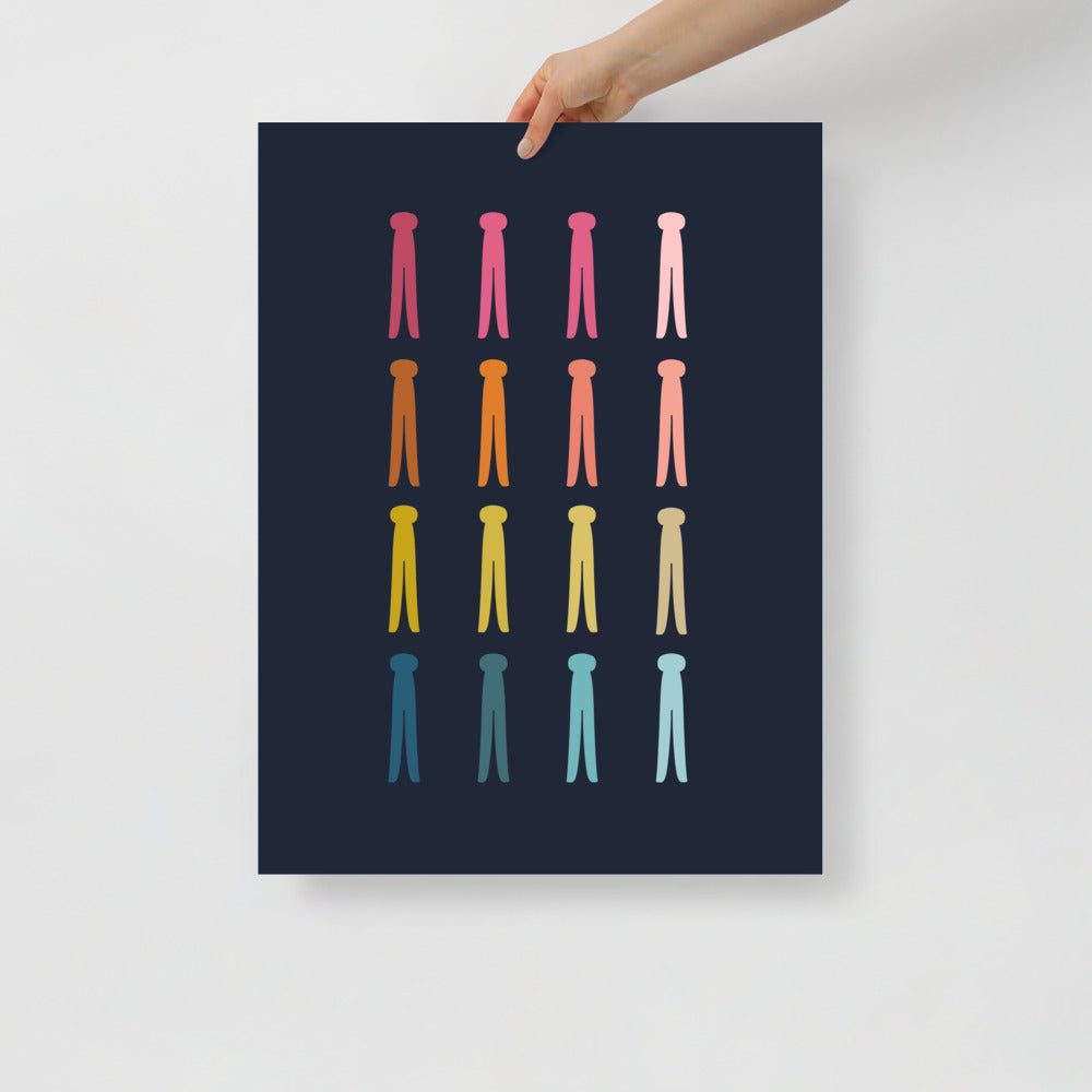 Colorful Clothes Pins Art Print with Navy Blue Background