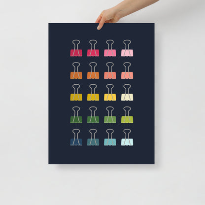 Colorful Binder Clips Art Print with Navy Blue Background