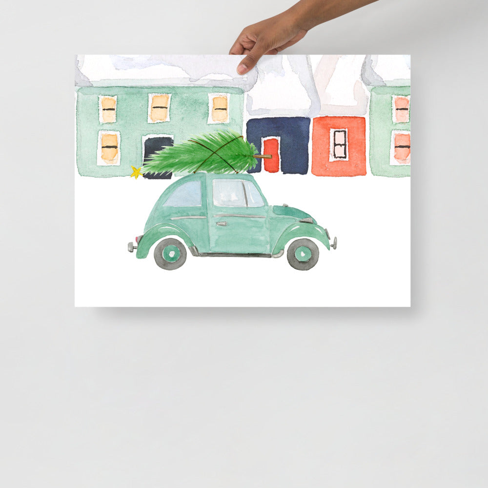 Volkswagen Beetle With Christmas Tree Water Color Art Print
