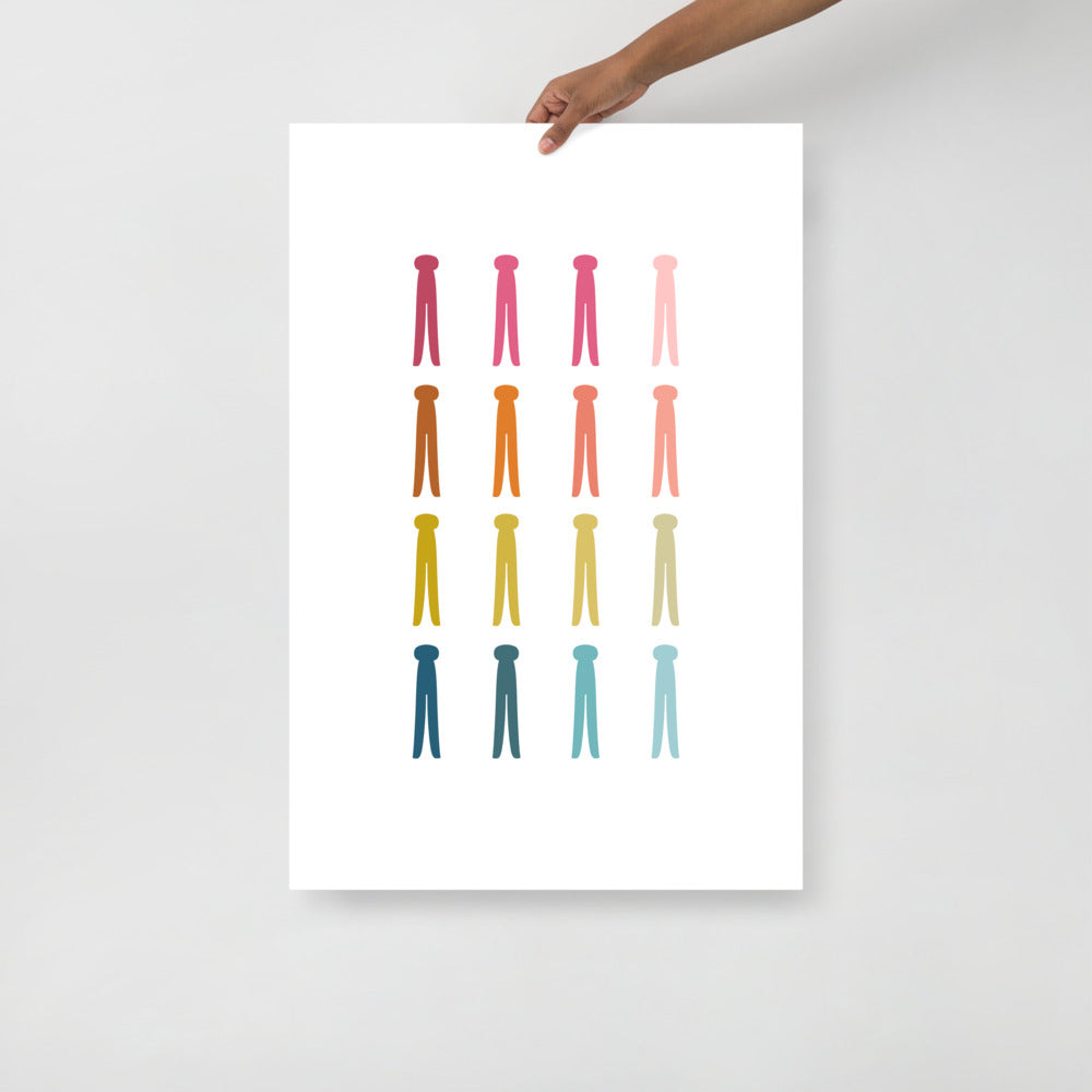 Colorful Clothes Pins Art Print with White Background