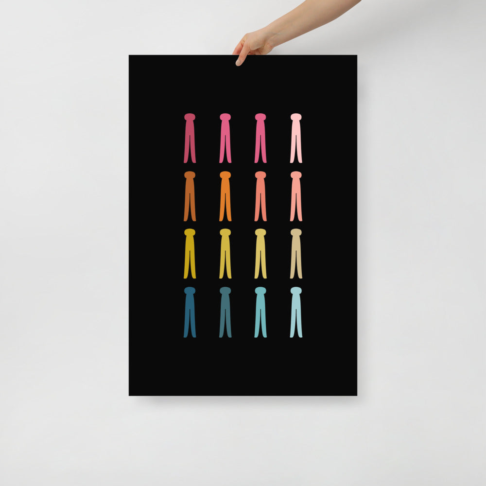 Colorful Clothes Pins Art Print with Black Background