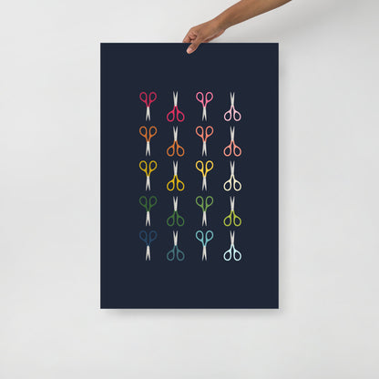 Colorful Scissors Art Print with Navy Blue Background