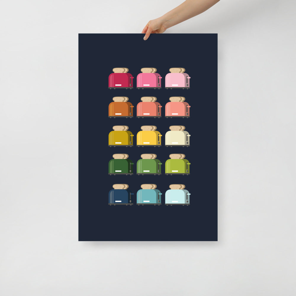 Colorful Toasters Art Print with Navy Blue Background