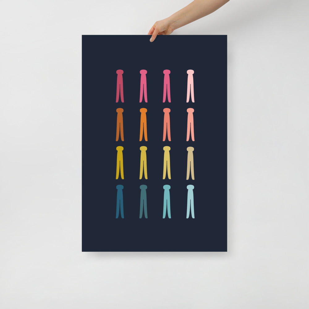 Colorful Clothes Pins Art Print with Navy Blue Background