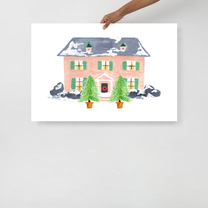 Winter Christmas Watercolor Art Print: Pink House
