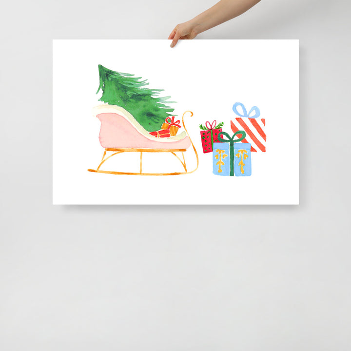 Christmas Sleigh & Presents Watercolor Art Print