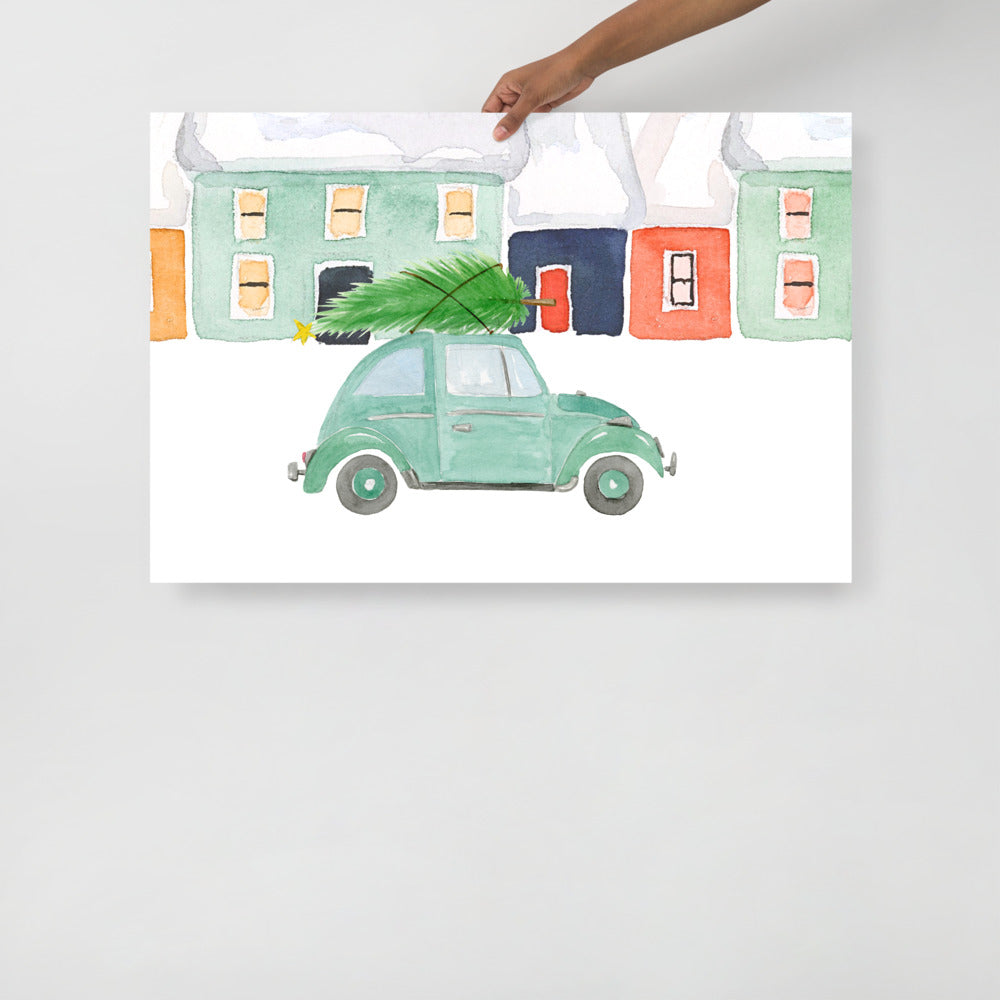 Volkswagen Beetle With Christmas Tree Water Color Art Print