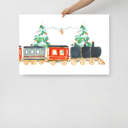 Vintage Train Christmas Scene Watercolor Art Print
