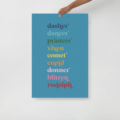 Colorful Reindeer Names on Blue Background Art Print