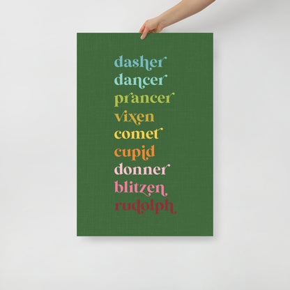 Colorful Reindeer Names on Dark Green Background Art Print
