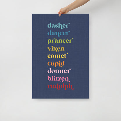 Colorful Reindeer Names on Navy Blue Background Art Print