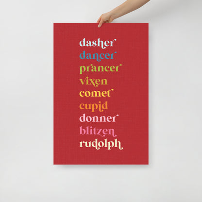 Colorful Reindeer Names on Red Background Art Print