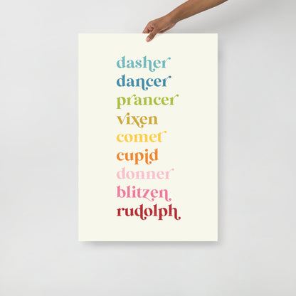 Colorful Reindeer Names on Off-White Background Art Print