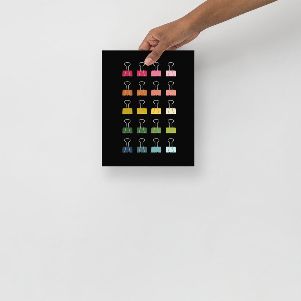 Colorful Binder Clips Art Print with Black Background