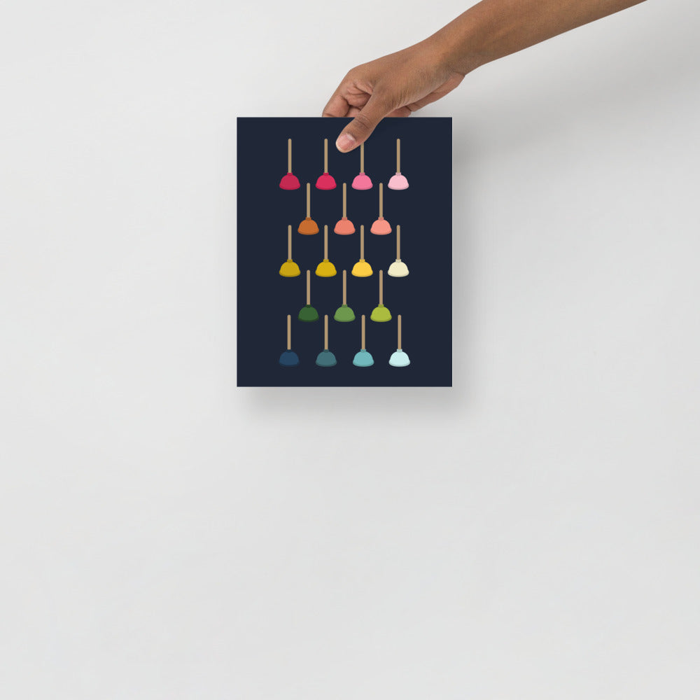 Colorful Plungers Art Print with Navy Blue Background
