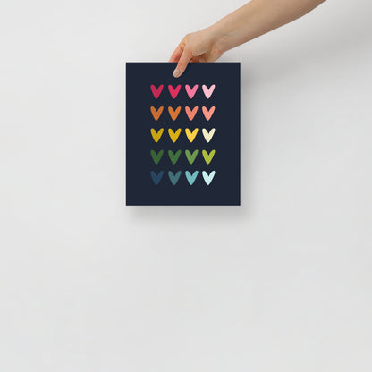 Colorful Hearts Art Print with Navy Blue Background