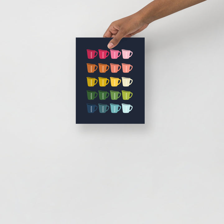Colorful Measuring Cups Art Print with Navy Blue Background