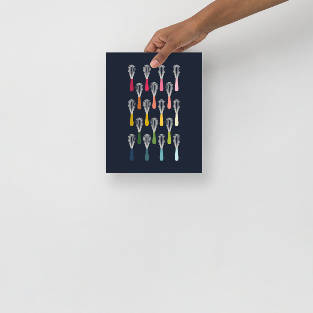 Colorful Whisks Art Print with Navy Background