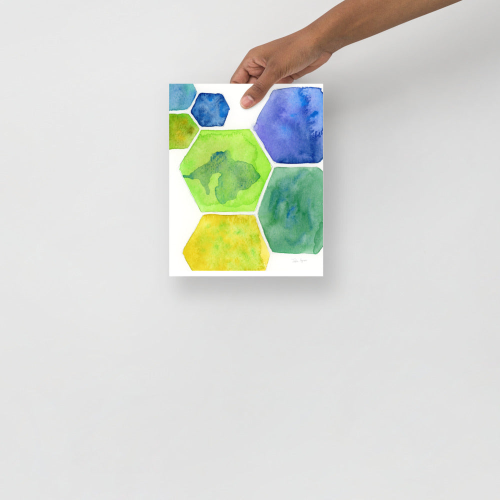 Abstract Hexagons Watercolor Art Print in Blues, Greens and Yellows