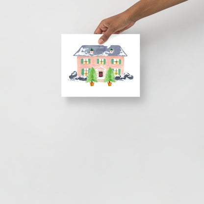 Winter Christmas Watercolor Art Print: Pink House